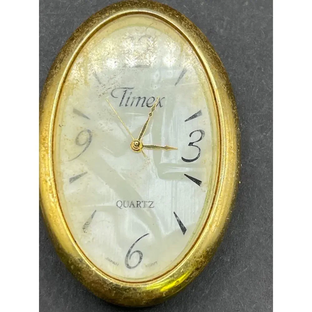 Vintage Timex Quartz Miniature Vanity Mirror Dresser Clock Gold Tone Oval